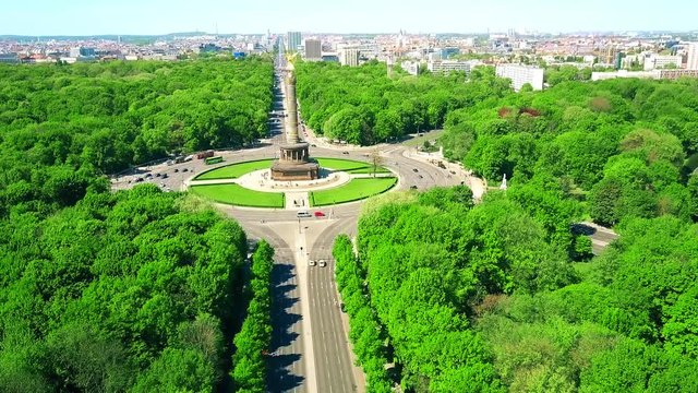 Aerial view of famous Berlin Victory Column and distant cityscape, Germany
