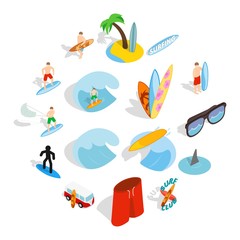 Surfing isons set in isometric 3d style isolated on white background