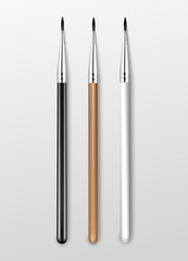 Vector Set of Black Clean Professional Makeup Liner Long Thin Eye Brushes with Black Wooden White Handles Isolated on White Background