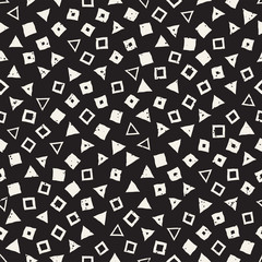Hand drawn black and white ink abstract seamless pattern. Vector stylish grunge texture. Monochrome geometric scattered shapes