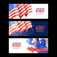 4 of July USA Independence Day. Horizontal holiday banner set with flag, salute and Statue of Liberty. Vector background