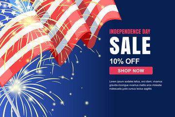 USA Independence Day sale vector banner template. Holiday background with flag, fireworks. 4 of July celebration concept