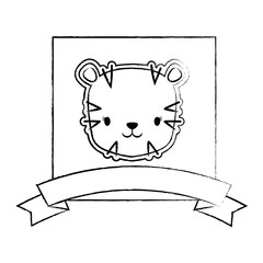 sketch of decorative emblem with cute tiger and ribbon over white background, vector illustration