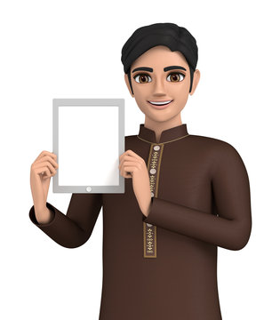 3D illustration character - A man wearing a kurta controls a tablet.