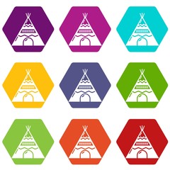 Indian tent icons 9 set coloful isolated on white for web
