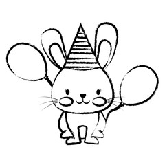 happy birthday design with cute rabbit with birthday hat and balloons over white background, sketch design. vector illustration