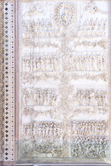 Detail of the facade of the Duomo of Orvieto, Italy. Marble bas-relief representing episodes of the bible