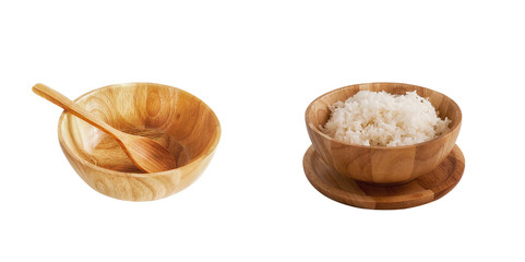 The wooden bowl is filled with rice.