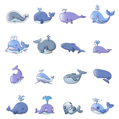 Naklejka premium Whale blue tale fish icons set. Cartoon illustration of 16 whale blue tale fish vector icons for web