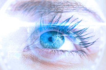 Composite image of close up of female blue eye against interface