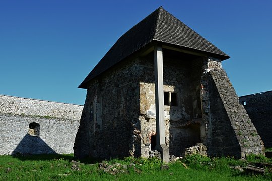 Front view of rebuilded romanesque church of Bzovik monastery, located inside the walls of Bzovik fort. 
