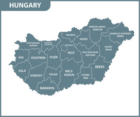 Fototapeta na wymiar The detailed map of Hungary with regions or states. Administrative division