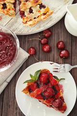 Delicious piece of cherry pie on plate
