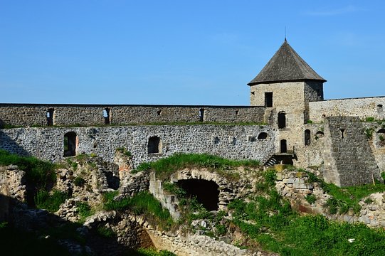 Northeastern tower bastion of castle Bzovik with visible walls and ruins of premonstratesian, monastery inside. Location Slovakia, Central Europe
