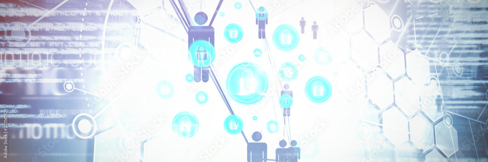 Poster lock icon vector against people icons and binary codes