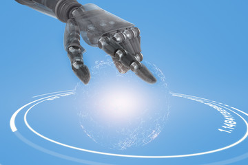 Back robot arm pointing at something against digitally generated image of earth with illuminated light trail 