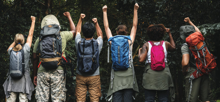 Group of happy diverse campers