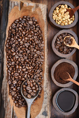 Close up of coffee beans in wooden bowl