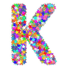 Alphabet symbol letter K composed of colorful stars isolated on white