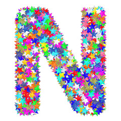 Alphabet symbol letter N composed of colorful stars isolated on white