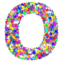 Alphabet symbol letter O composed of colorful stars isolated on white