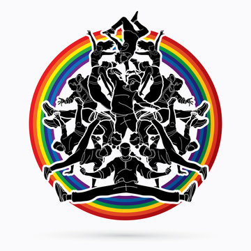 Group of people dancing, Street dance action, Dance together designed on line rainbows background graphic vector