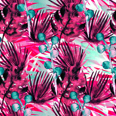 Modern Pink, Purple Retro Exotic Floral Watercolour Seamless Pattern. Female Fashion Fabric Texture, Monstera, Fan Leaves. Floral Watercolor Seamless Pattern Cool Tropical Background Prints.