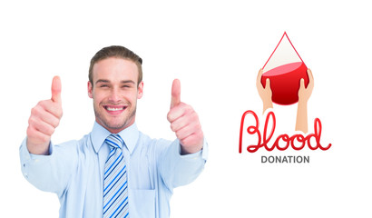 Positive businessman smiling with thumbs up against blood donation