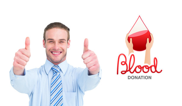 Positive businessman smiling with thumbs up against blood donation