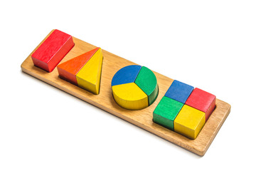 Various Wood Toy Block Pieces and Shapes Isolated on White Background to practice and develop children.