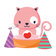 Happy birthday design with cute cat with cake and birthday hats over white background, colorful design. vector illustration