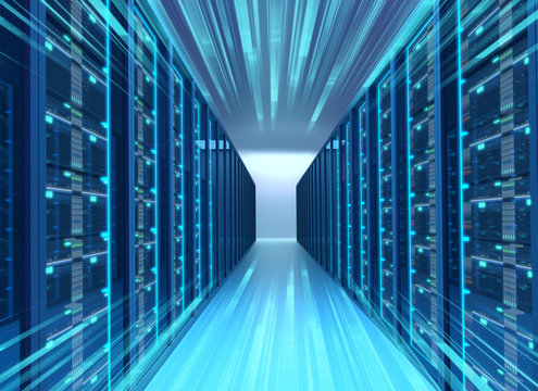 Corridor of  server room with server racks in datacenter. 3d illustration