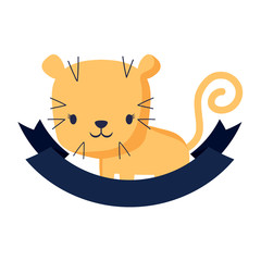 decorative emblem with cute tiger and ribbon over white background, colorful design. vector illustration