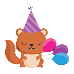 happy birthday design with cute squirrel with birthday hat and balloons over white background, colorful design.  vector illustration