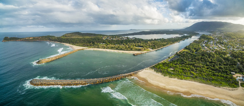 Aerial panorama of beautiful inlet and coastline. Camden Haven Inlet, NSW, Australia