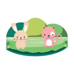 landscape with cute rabbit and cat over white background, colorful design. vector illustration