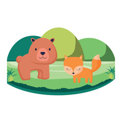 landscape with cute fox and bear over white background, colorful design. vector illustration