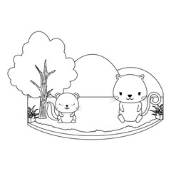landscape with cute cat and squirrel over white background, vector illustration