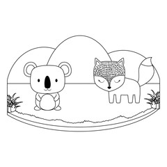 landscape with cute koala and fox over white background, vector illustration