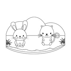 landscape with cute rabbit and cat over white background, vector illustration