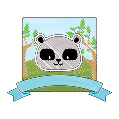 decorative emblem with cute raccoon and ribbon over landscape and white background, colorful design. vector illustration