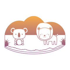 landscape with cute koala and lion over white background, colorful design. vector illustration