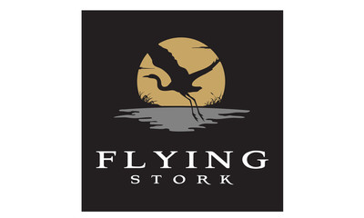 Flying Stork Heron Bird on River lake Creek Sunset logo design 