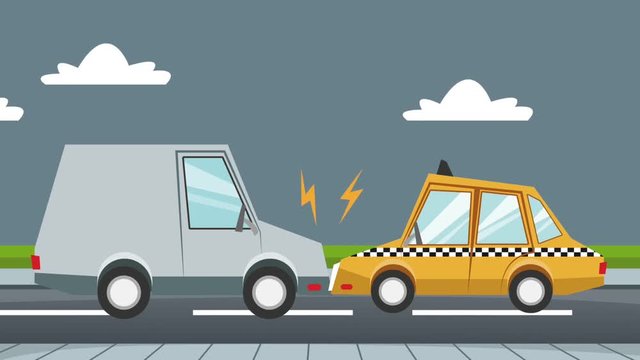 Cars crash on road between taxi and van High Definition animation colorful scenes