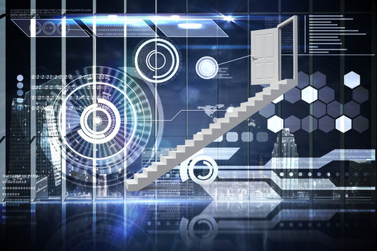Stairs leading to door against hologram interface in office overlooking city