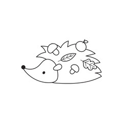 Vector cartoon outline hedgehog with apple, mushrooms and leaves