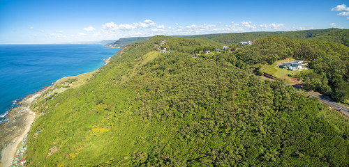 Aerial panorama of rugged coastline on Grand Pacific Drive. Sydney, Australia