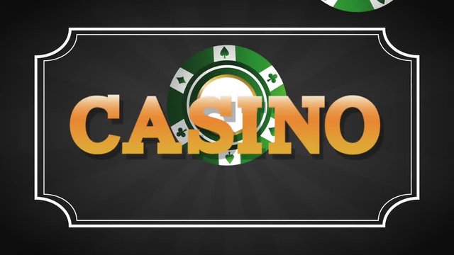 Casino sign over leisure cards falling down black background High definiton animation colorful scenes