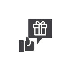 Hand and speech bubble with gift box vector icon. filled flat sign for mobile concept and web design. simple solid icon. Symbol, logo illustration. Pixel perfect vector graphics