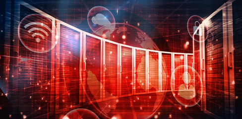 Digitally generated black and blue matrix against composite image of server towers